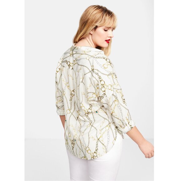 Violeta by Mango Cream V-neck Long Sleeve Blouse with Chains Pattern EUC - Picture 2 of 11